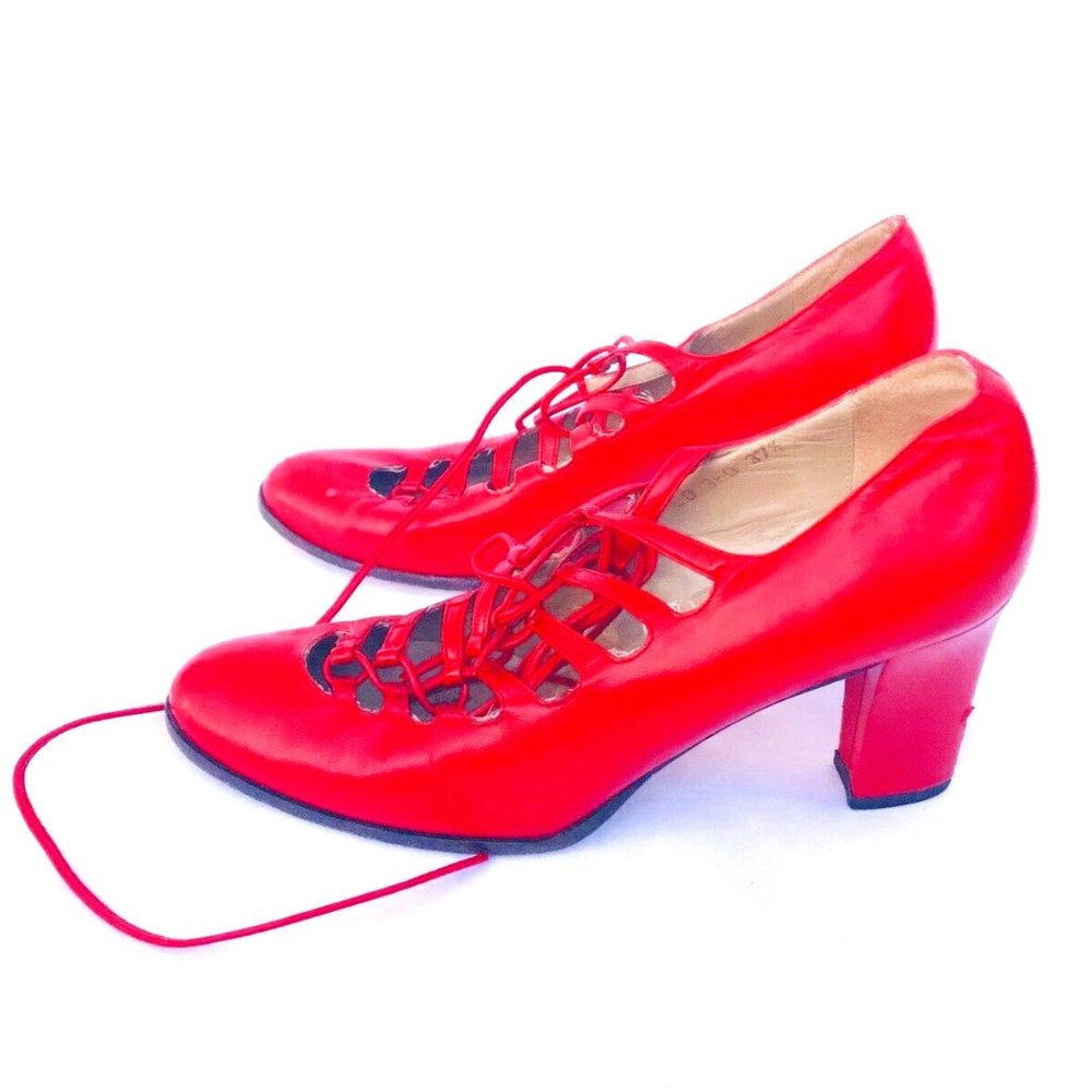 EMPORIO ARMANI Red Leather Caged Strappy Heels